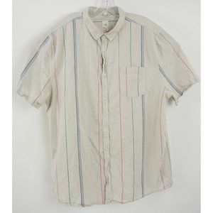 River Island Men's 2XL S/S Beige Blue Red Striped Woven Cotton Button Down Shirt